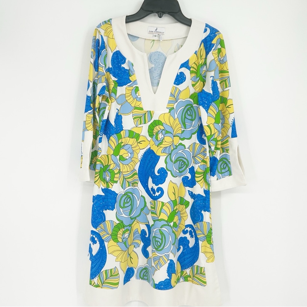 Jude Connally Blue Yellow‎ Floral Boho Mod Tunic Dress Size Small Summer Preppy
